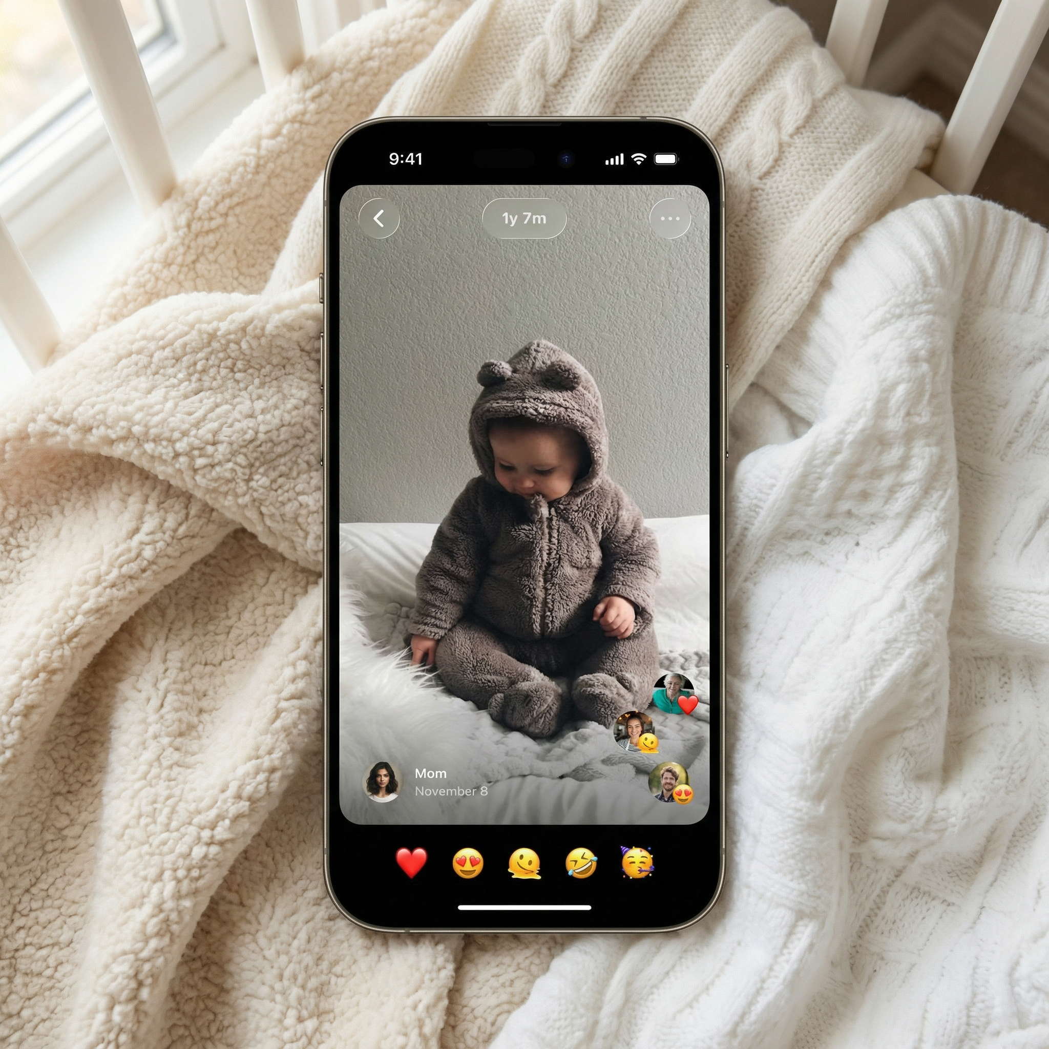 On top of soft blankets in a baby's crib with soft natural lighting