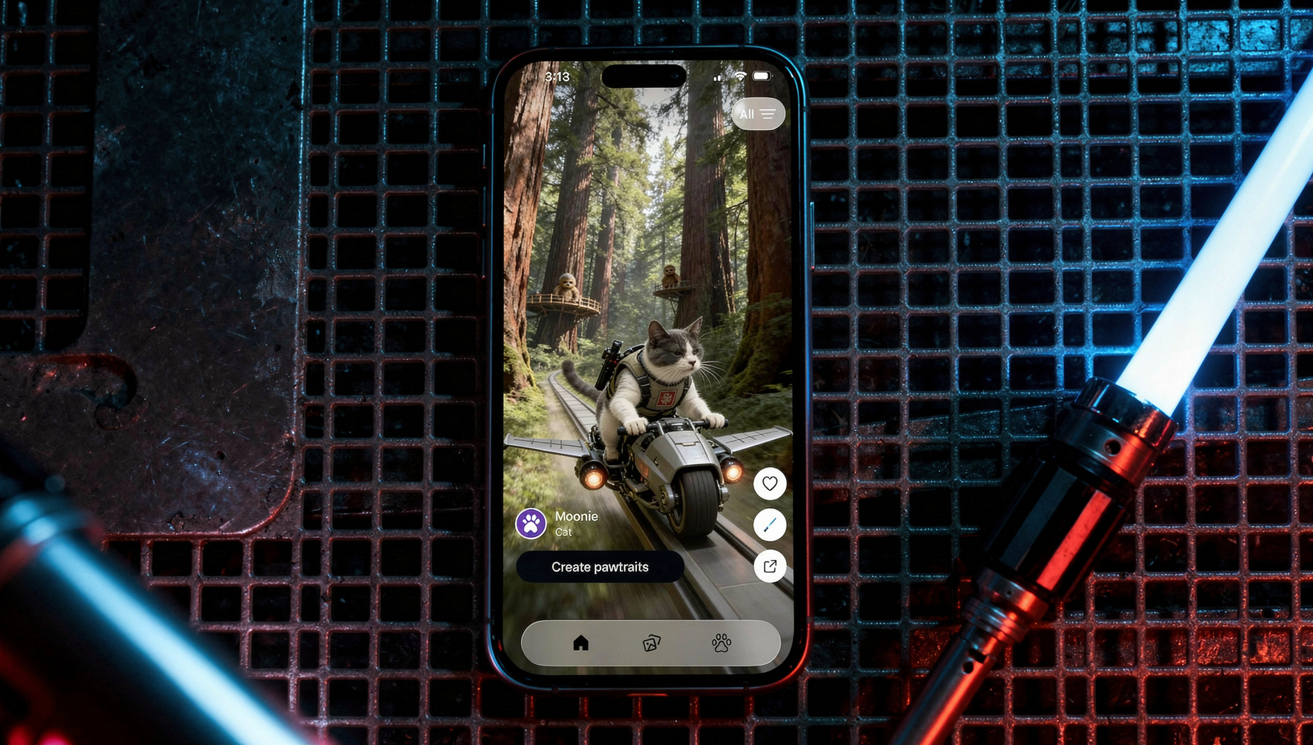 On a silver metal grate with a blue lightsaber in the corner with dark, blue and red lighting