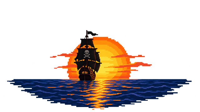 Pixel art of a pirate ship sailing into the sunset